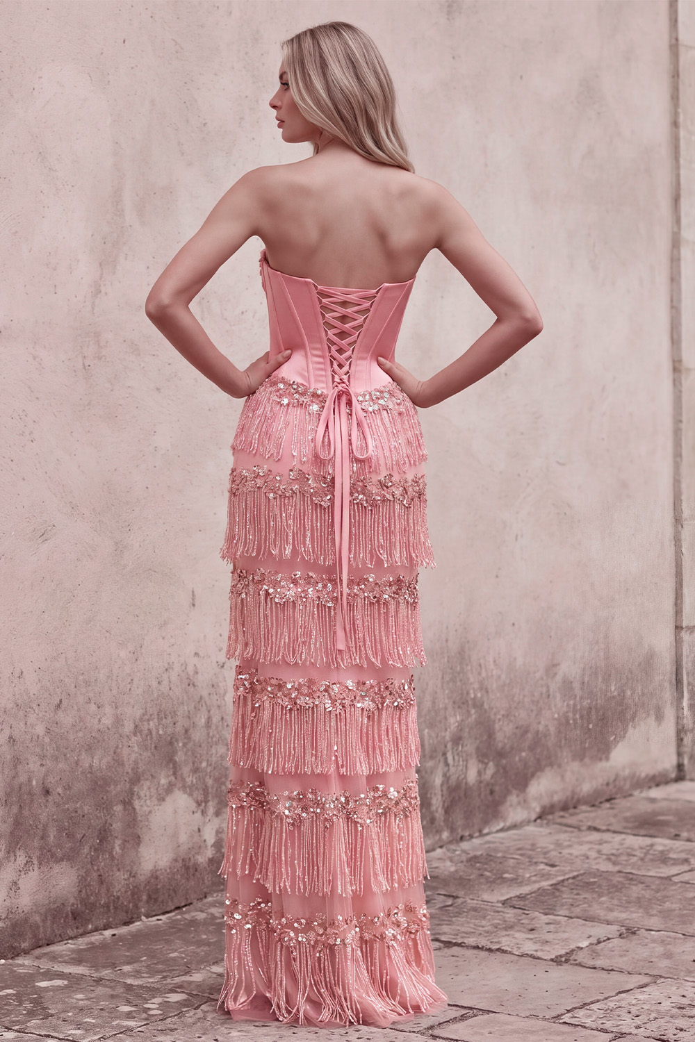 Sparkly Pink Corset Strapless Fringed Beaded Long Prom Dress
