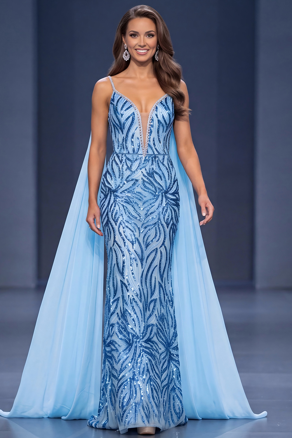 Blue Mermaid Spaghetti Straps Sequins Long Pageant Dress with Cape