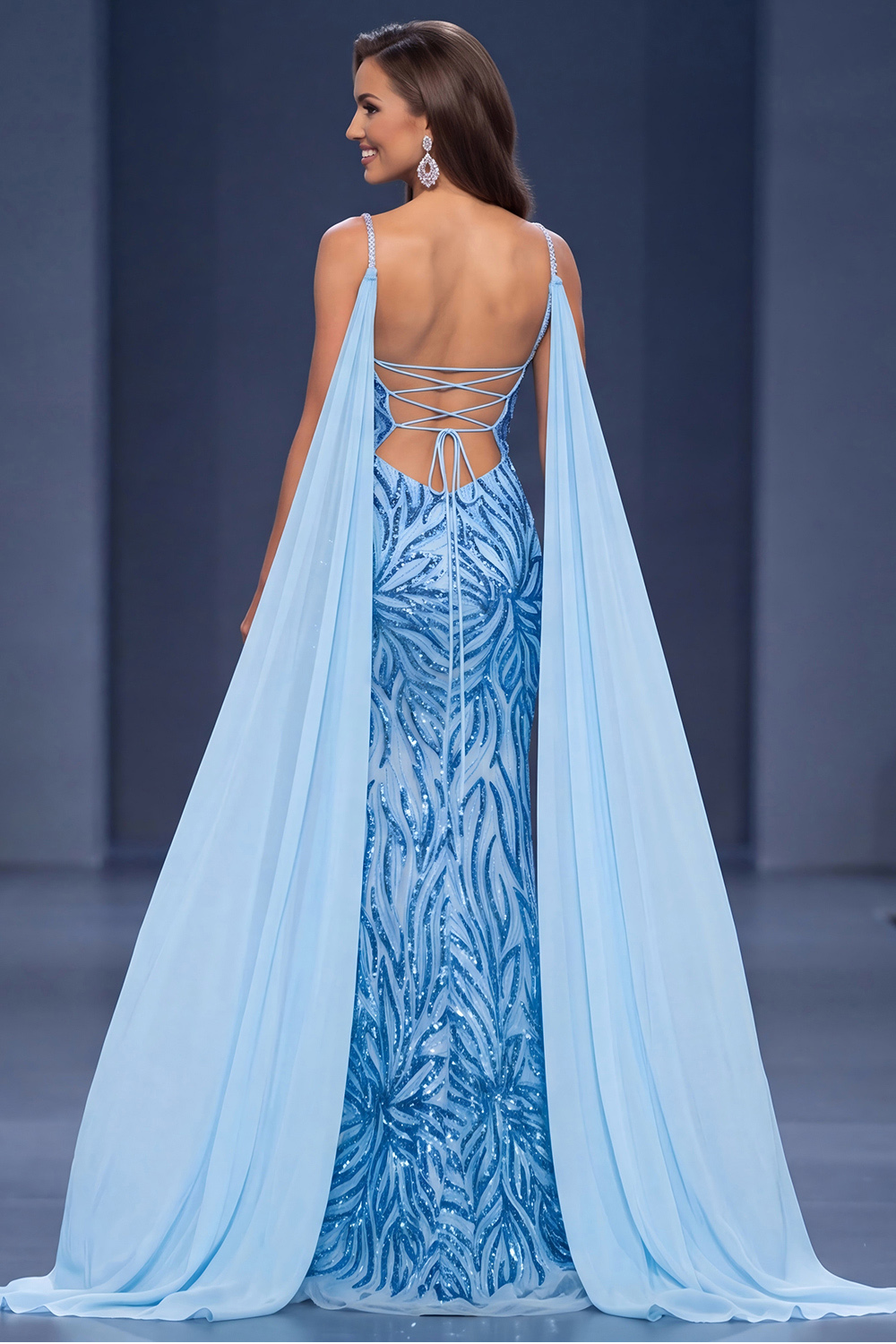 Blue Mermaid Spaghetti Straps Sequins Long Pageant Dress with Cape