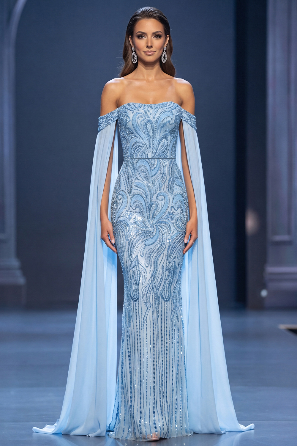 Mermaid Light Blue Sparkly Sequin Beaded Off the Shoulder Long Pageant Dress with Cape