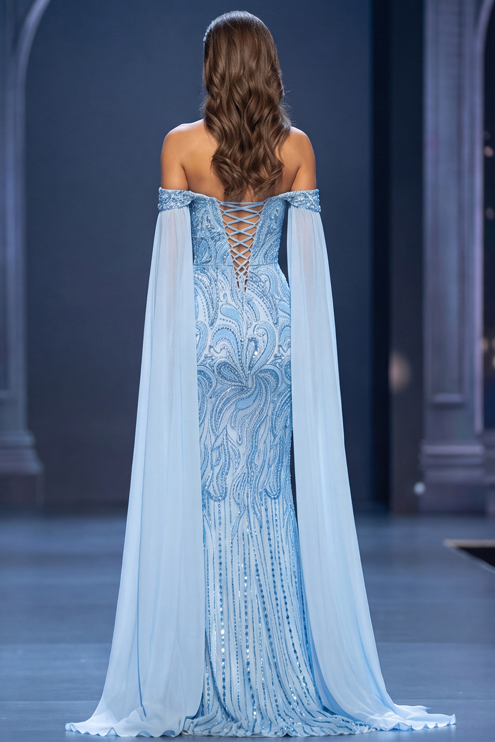 Mermaid Light Blue Sparkly Sequin Beaded Off the Shoulder Long Pageant Dress with Cape