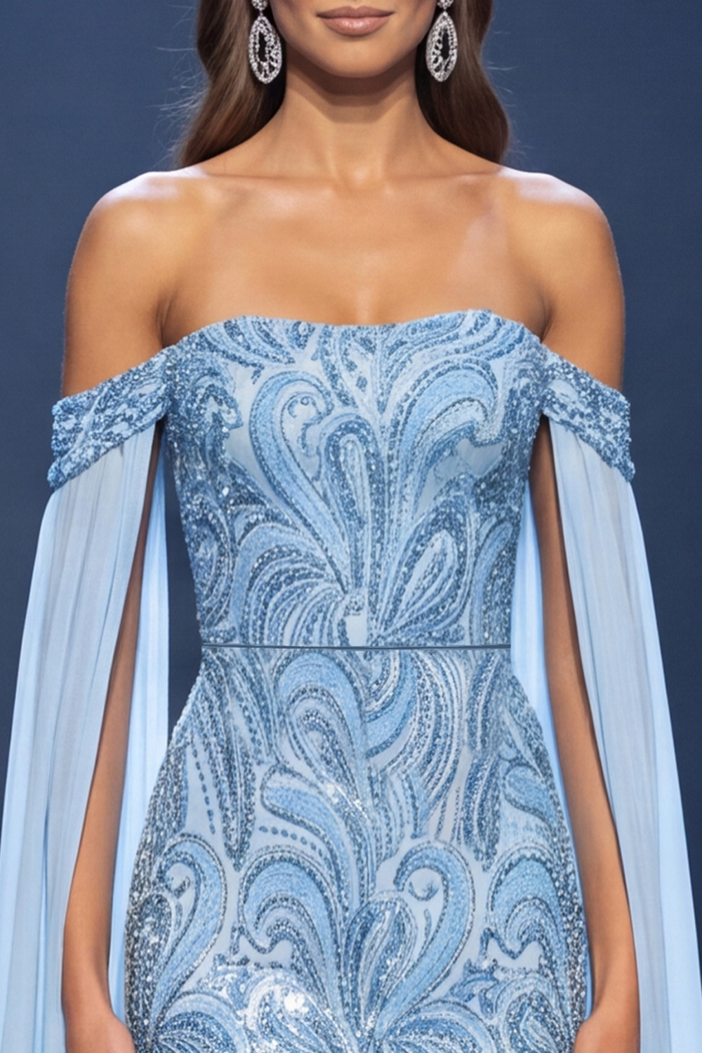 Mermaid Light Blue Sparkly Sequin Beaded Off the Shoulder Long Pageant Dress with Cape