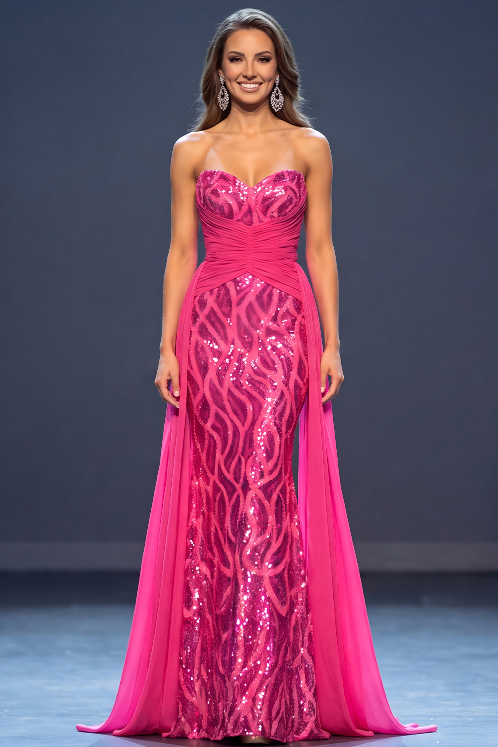 Sparkly Fuchsia Mermaid Sweetheart Ruched Long Pageant Dress with Sequins