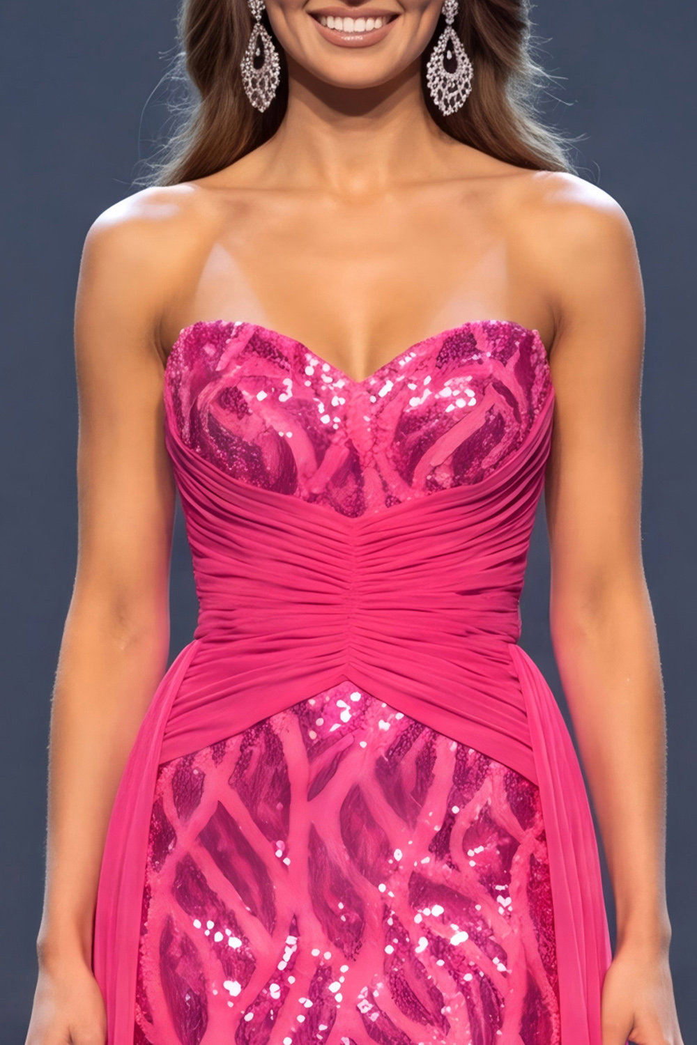 Sparkly Fuchsia Mermaid Sweetheart Ruched Long Pageant Dress with Sequins