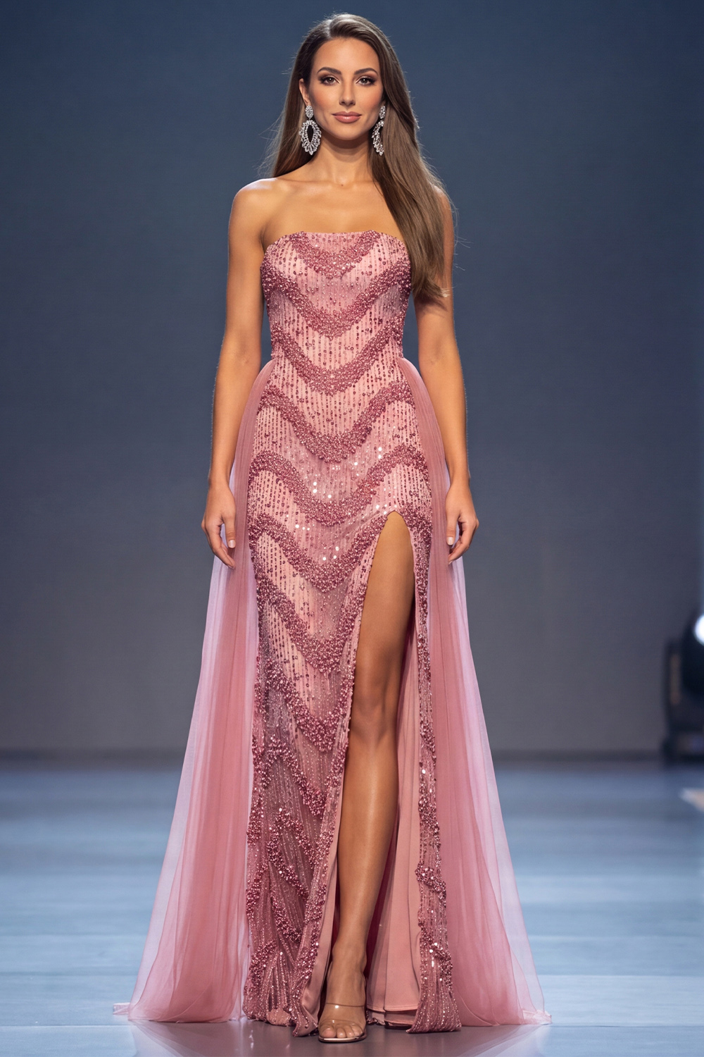 Sheath Dusty Rose Sparkly Beaded Sequin Strapless Long Pageant Dress with Slit