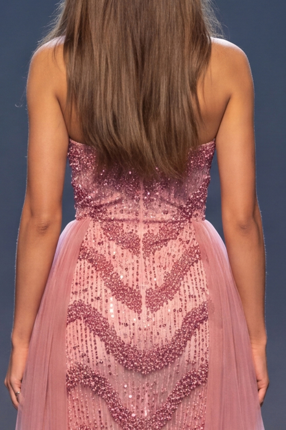 Sheath Dusty Rose Sparkly Beaded Sequin Strapless Long Pageant Dress with Slit