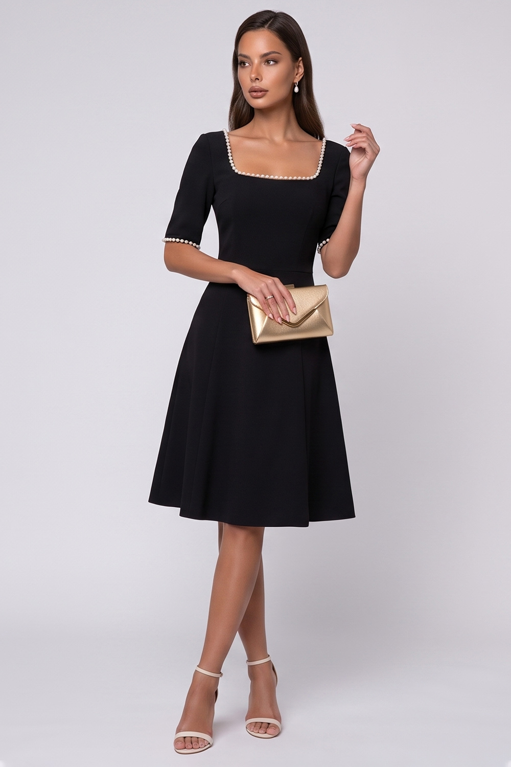 A Line Black Square Neck Midi Work Dress with Pearls