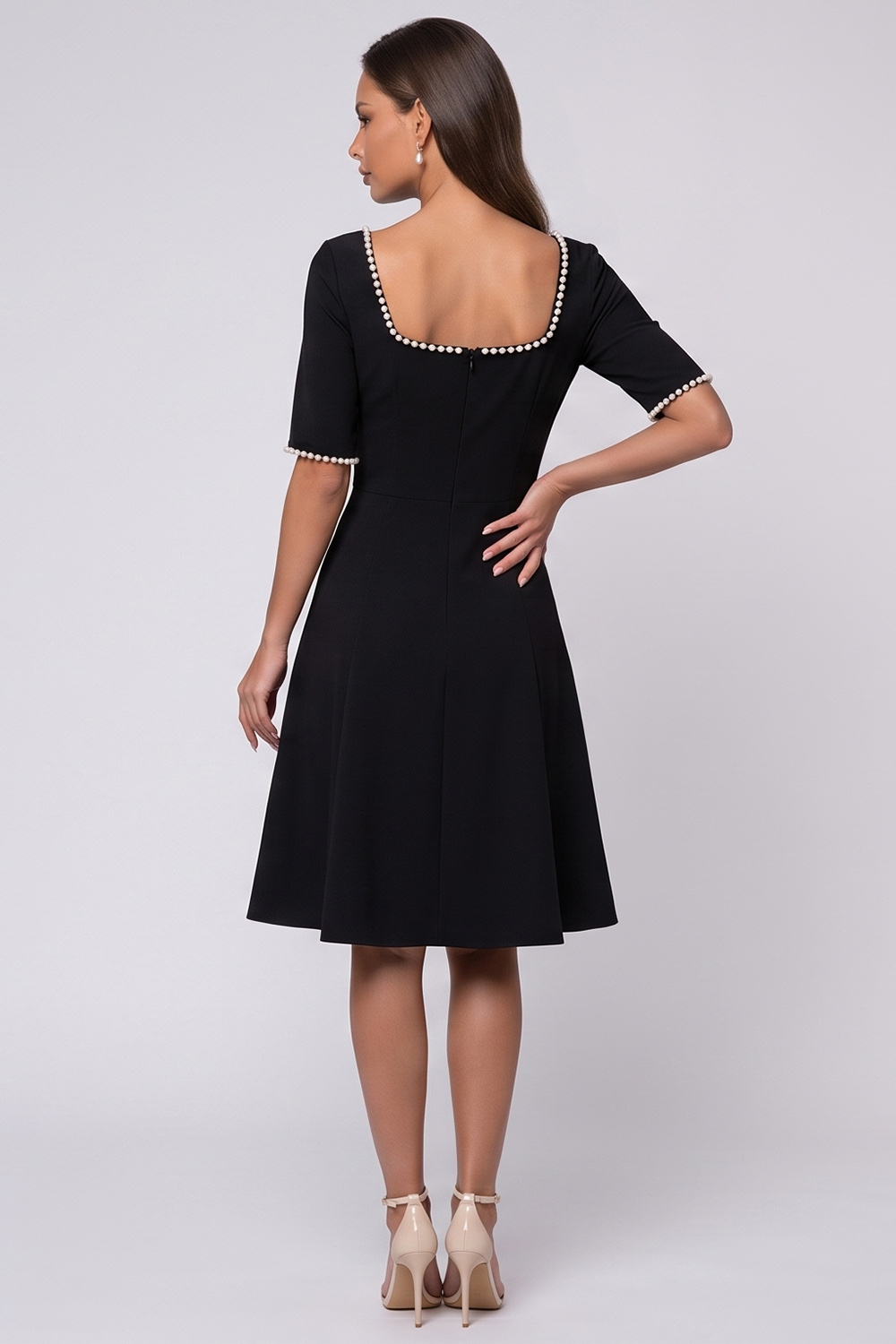 A Line Black Square Neck Midi Work Dress with Pearls