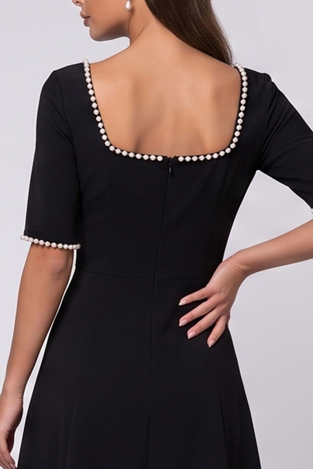 A Line Black Square Neck Midi Work Dress with Pearls