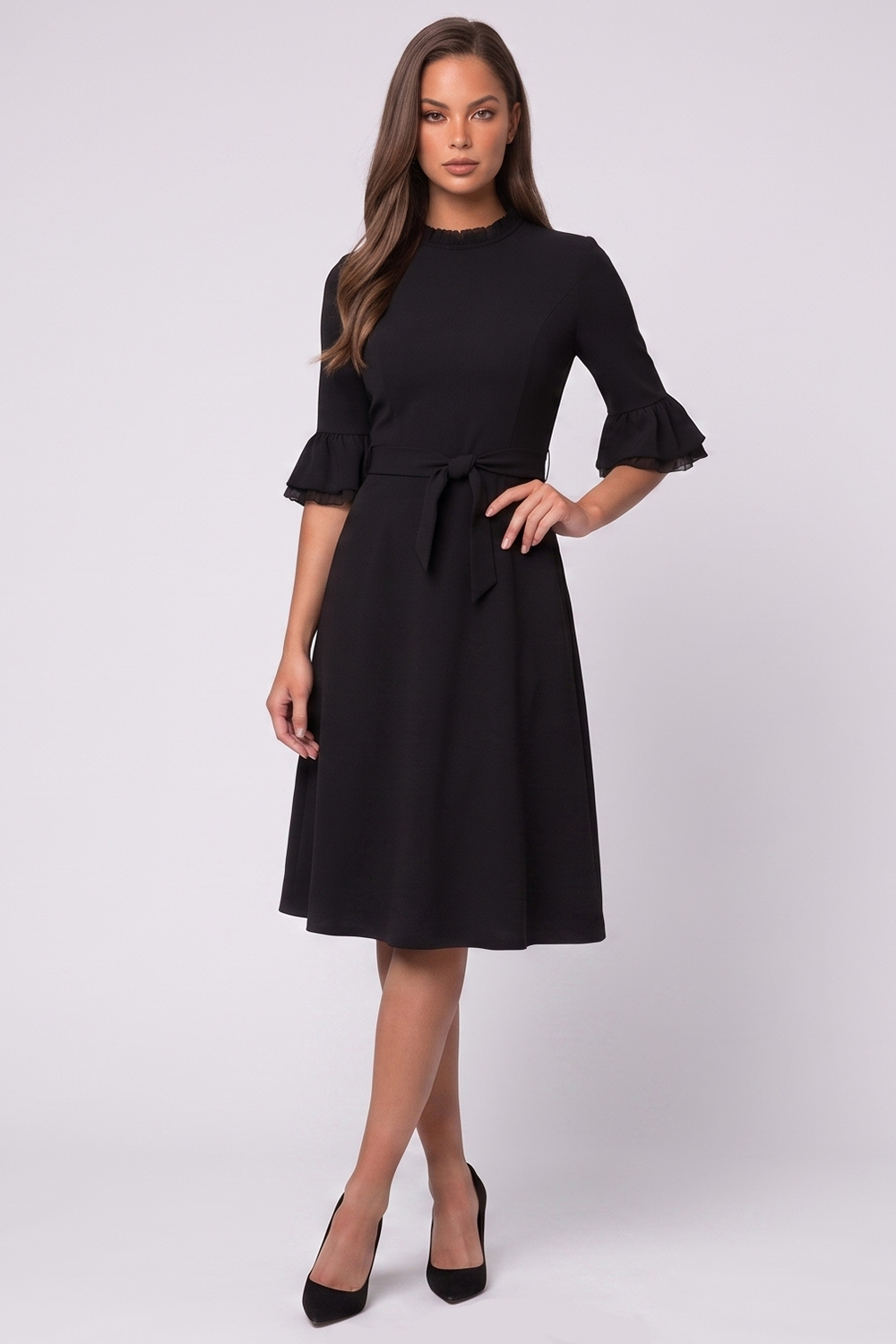 A Line Black Ruffled Round Neck Flare Sleeves Midi Work Dress with Sash