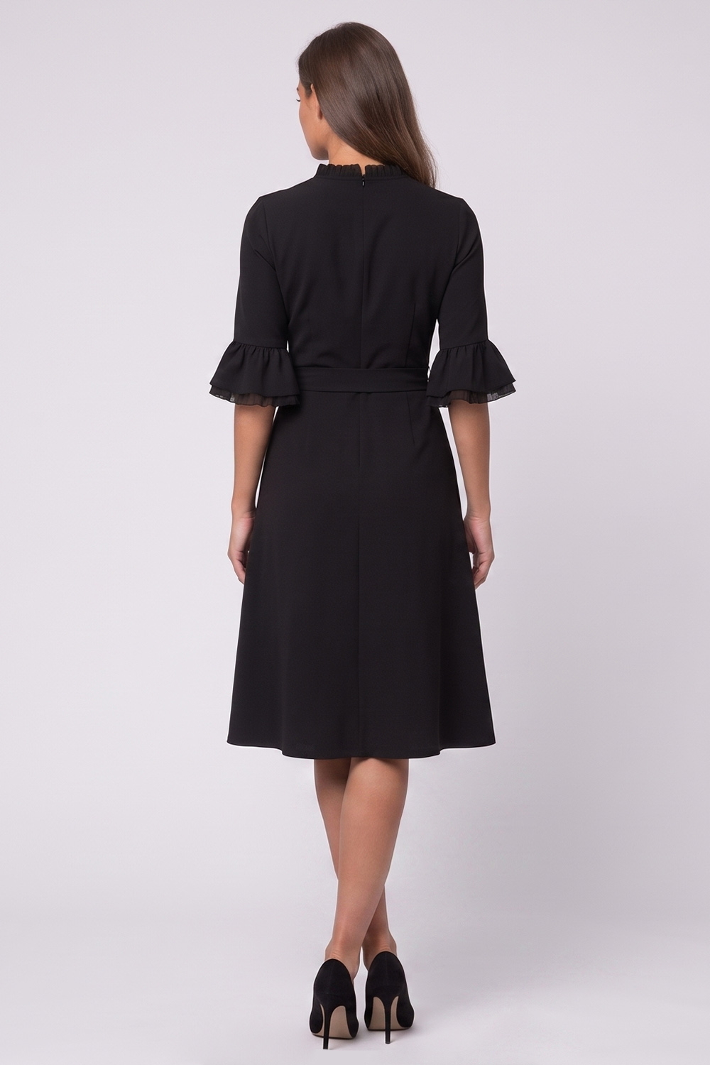 A Line Black Ruffled Round Neck Flare Sleeves Midi Work Dress with Sash