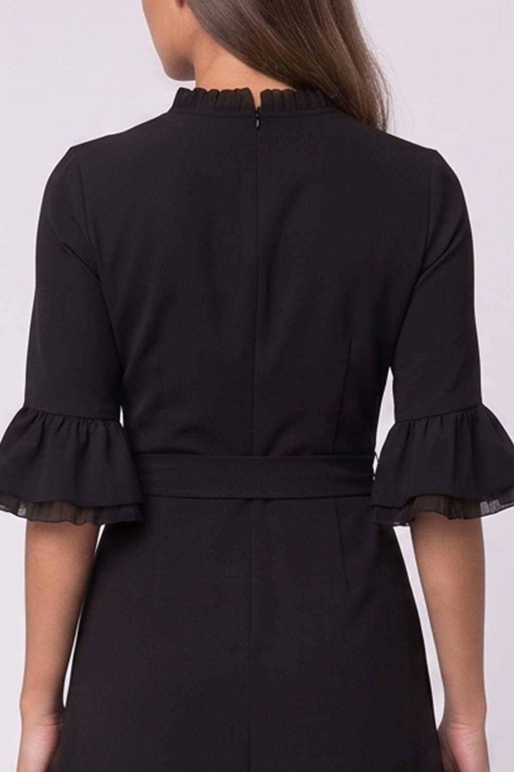 A Line Black Ruffled Round Neck Flare Sleeves Midi Work Dress with Sash