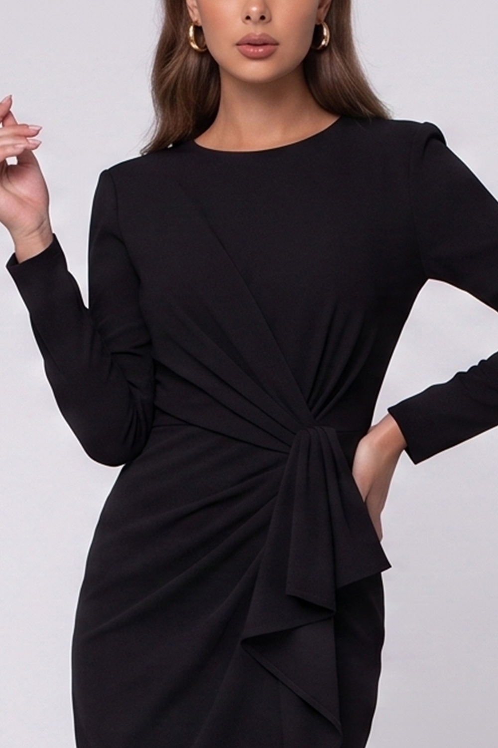 Tight Black Ruched Ruffled Round Neck Midi Work Dress with Slit