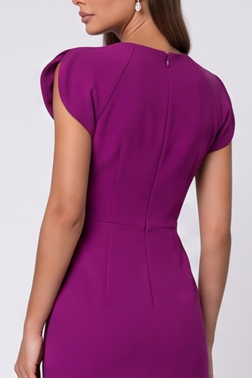 Tight Fuchsia Ruched V-Neck Cap Sleeves Midi Work Dress with Slit