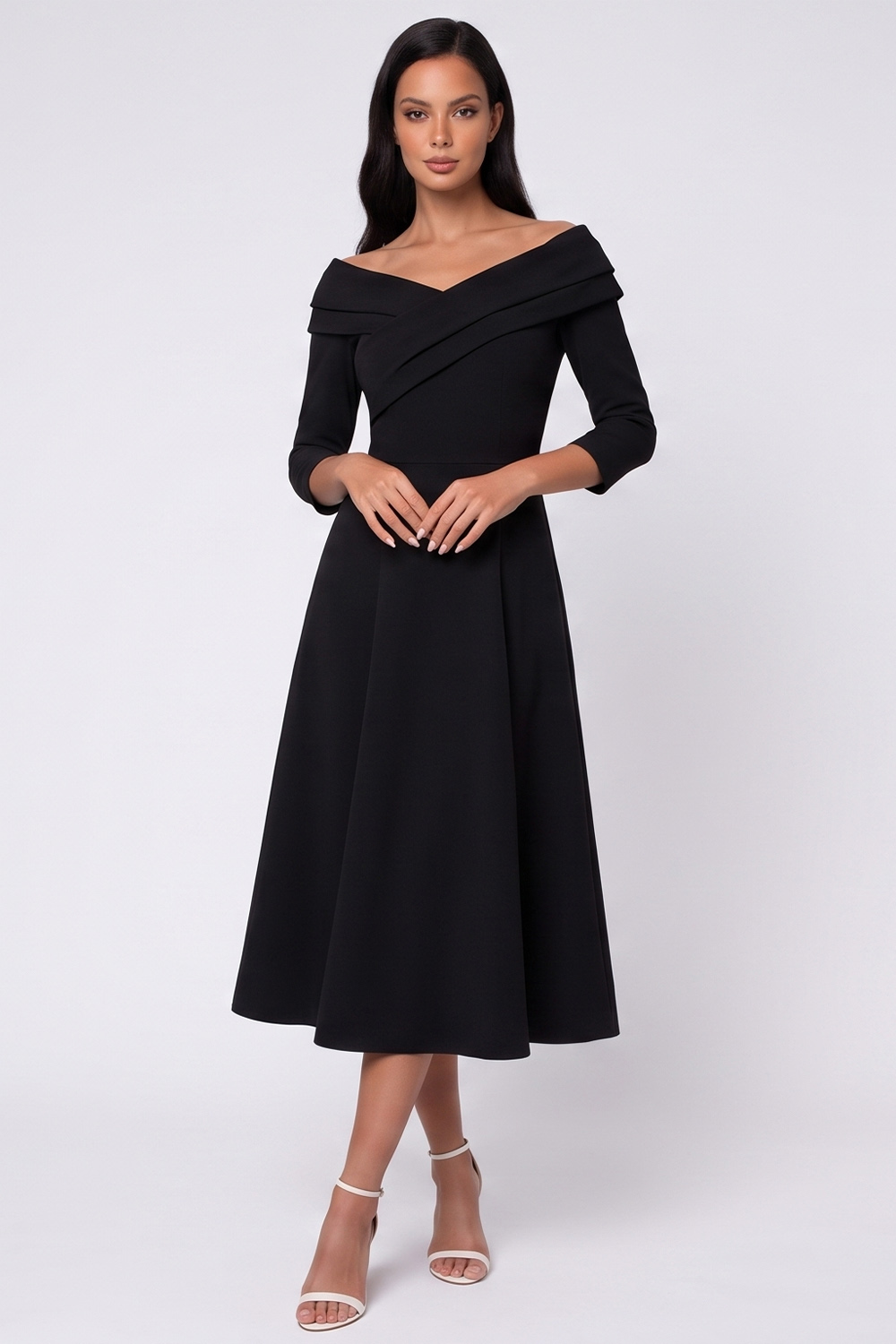 Ruched Black A Line Off the Shoulder 3/4 Sleeves Midi Work Dress
