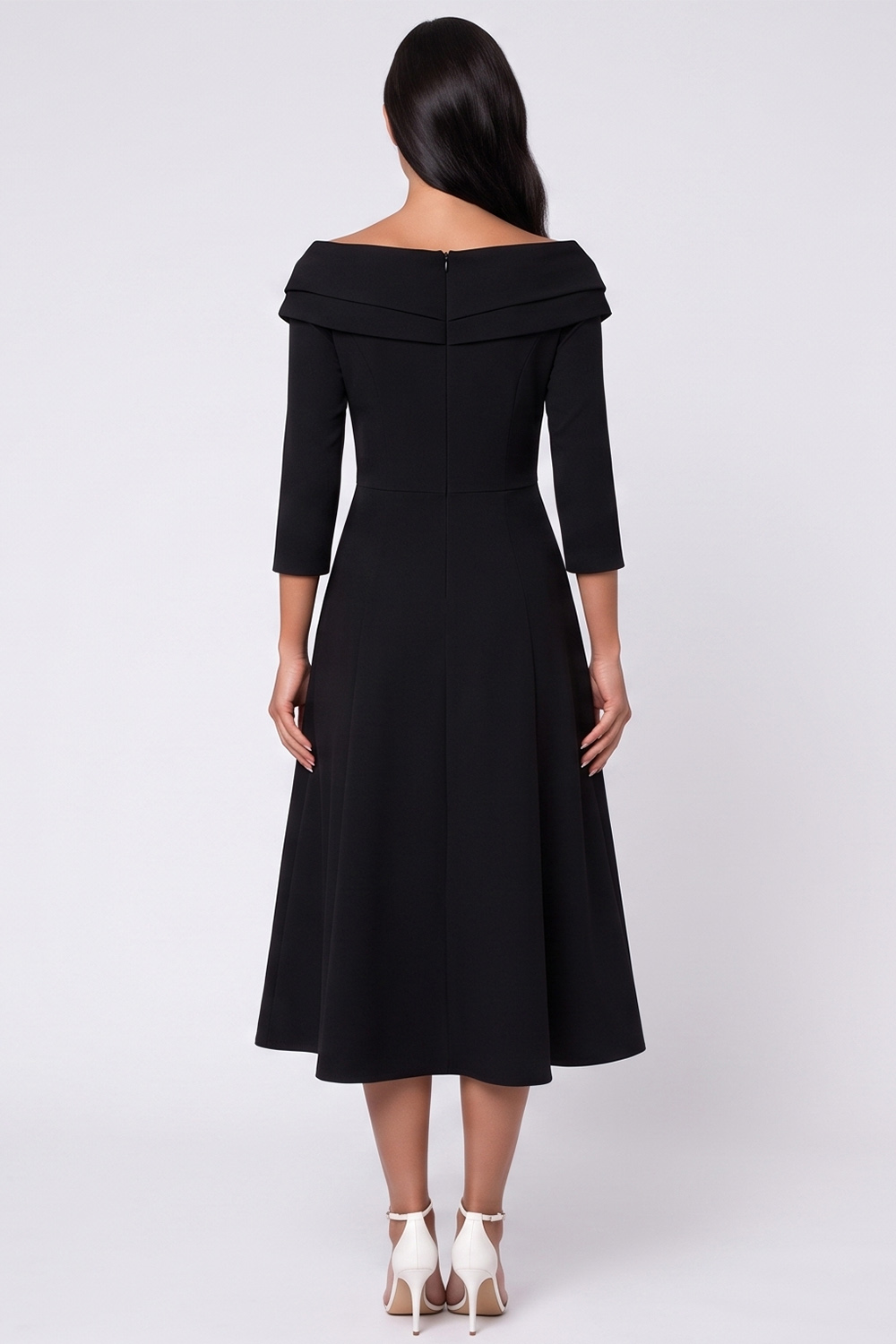Ruched Black A Line Off the Shoulder 3/4 Sleeves Midi Work Dress