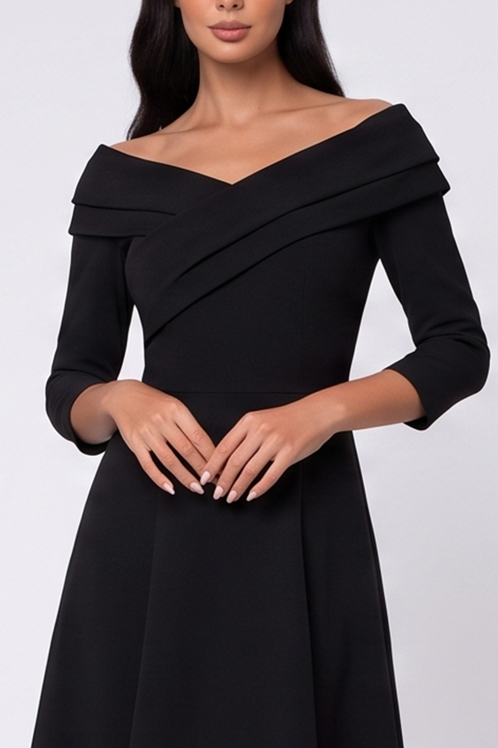 Ruched Black A Line Off the Shoulder 3/4 Sleeves Midi Work Dress