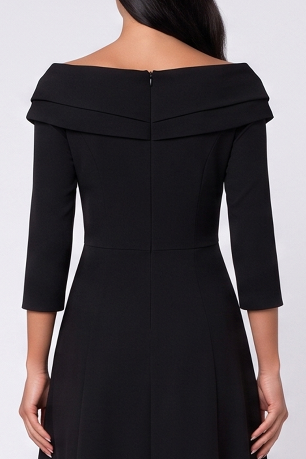 Ruched Black A Line Off the Shoulder 3/4 Sleeves Midi Work Dress
