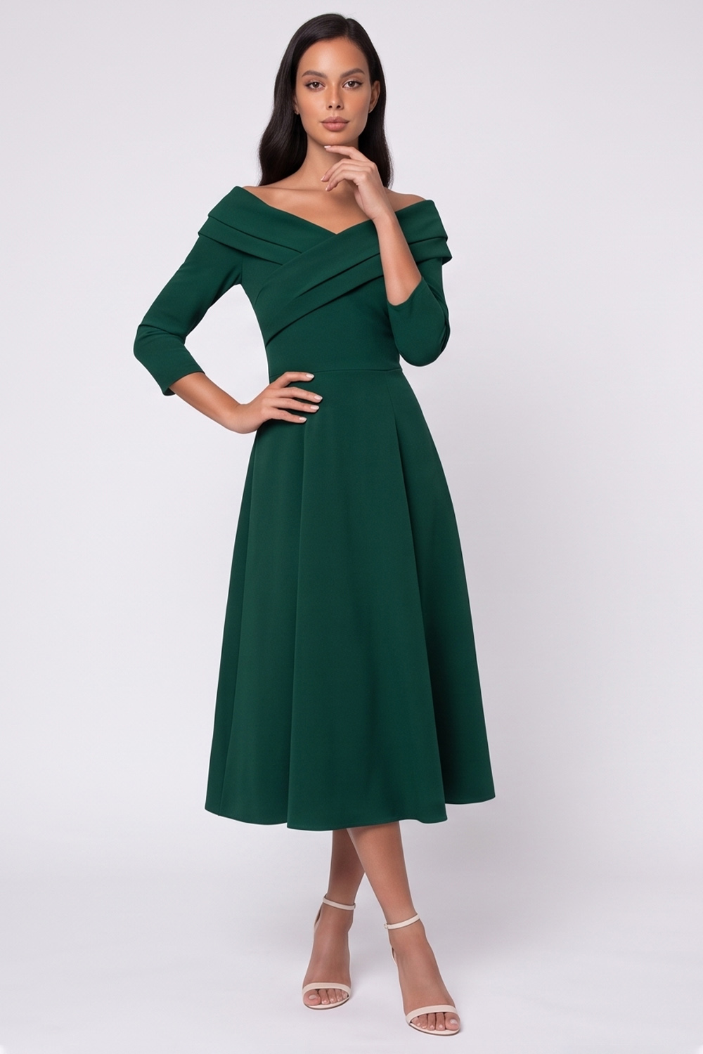Ruched Black A Line Off the Shoulder 3/4 Sleeves Midi Work Dress
