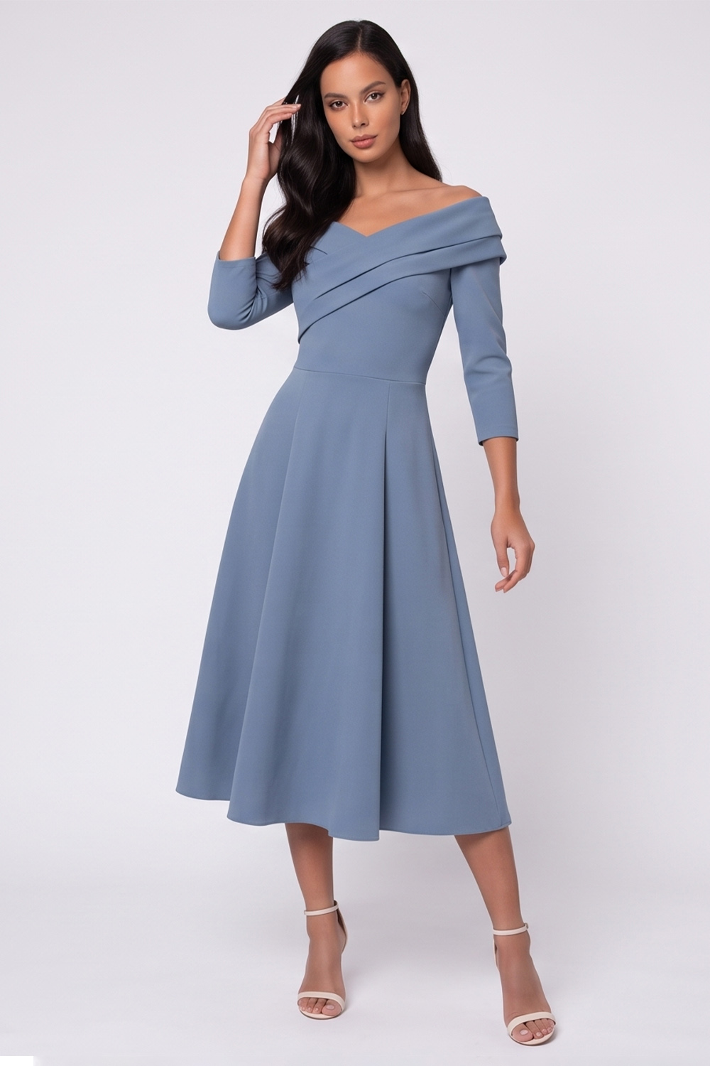 Ruched Black A Line Off the Shoulder 3/4 Sleeves Midi Work Dress