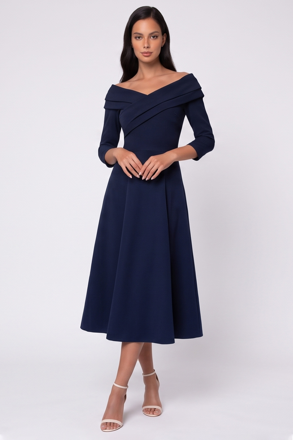 Ruched Black A Line Off the Shoulder 3/4 Sleeves Midi Work Dress