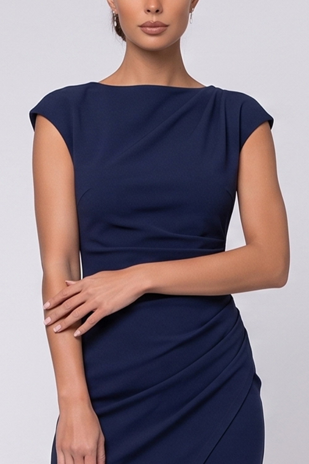 Navy Bodycon Ruched Boat Neck Cap Sleeves Midi Work Dress with Slit