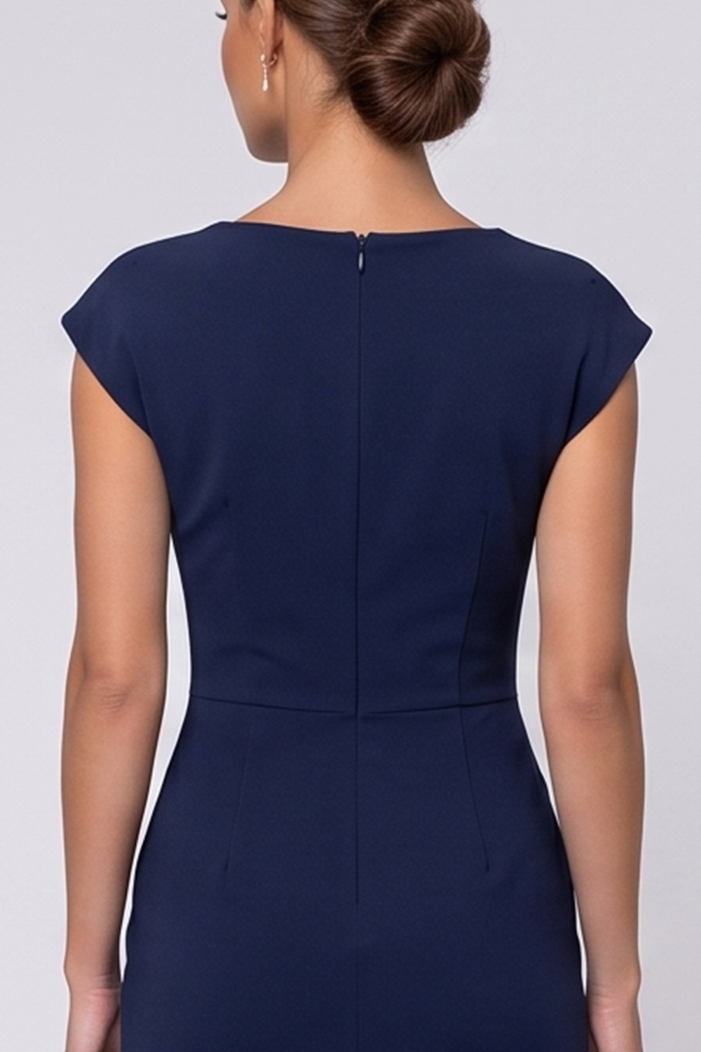 Navy Bodycon Ruched Boat Neck Cap Sleeves Midi Work Dress with Slit