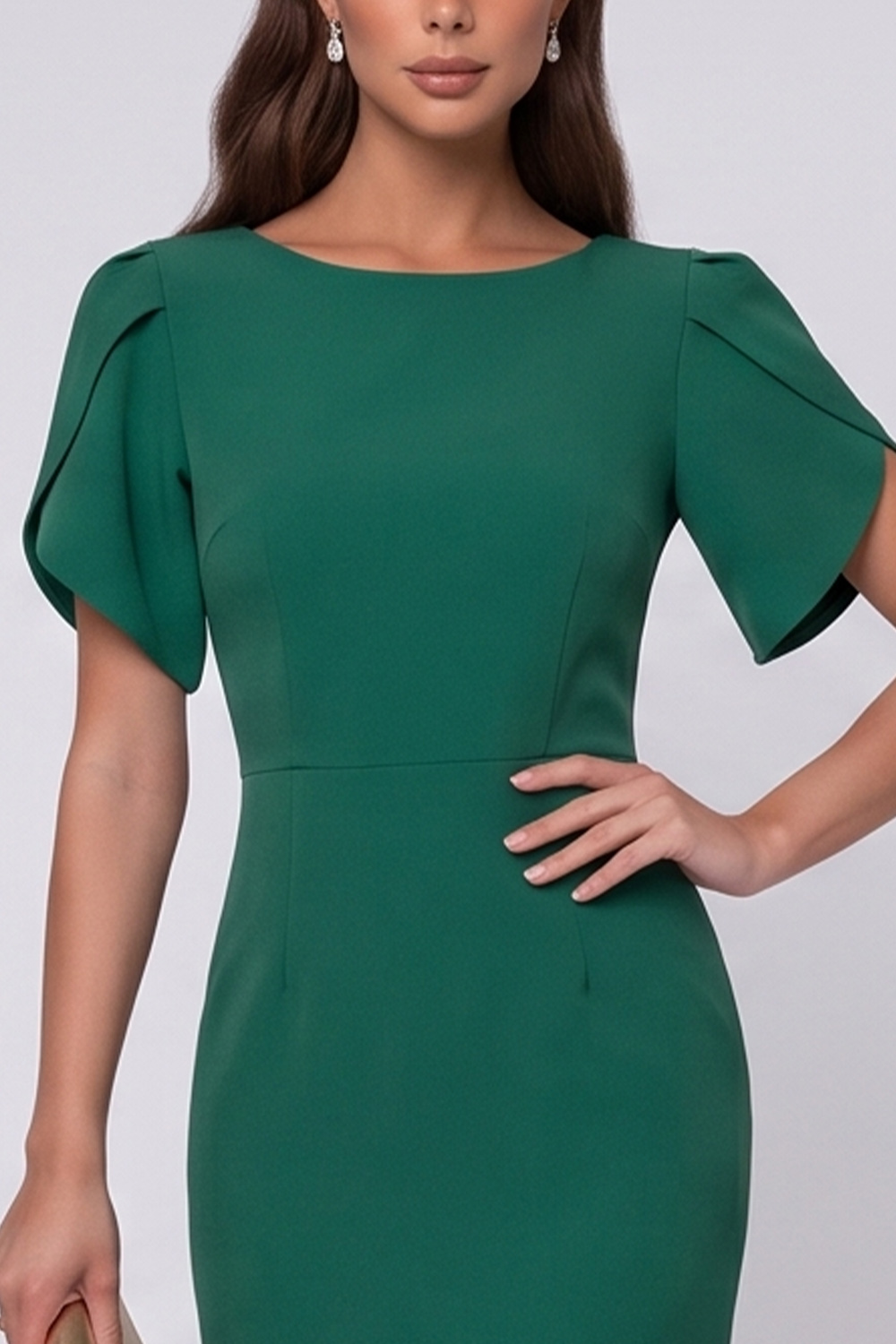 Dark Green Tight Pleated Round Neck Flutter Sleeves Midi Work Dress