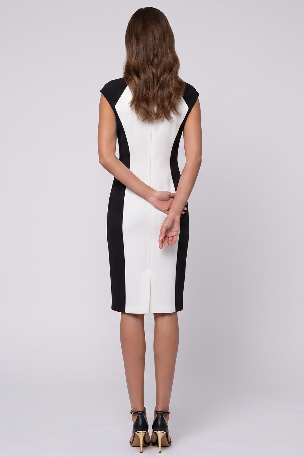 Bodycon Black White Color Block Round Neck Cap Sleeves Midi Work Dress with Slit