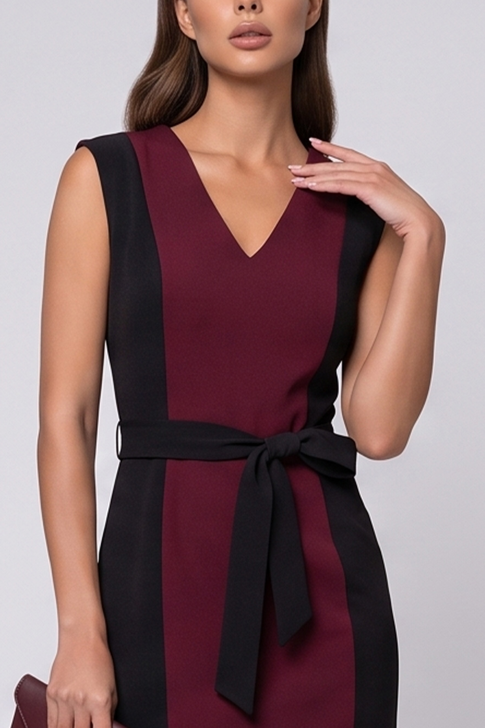 Tight Burgundy Color Block V-Neck Sleeveless Midi Work Dress with Sash