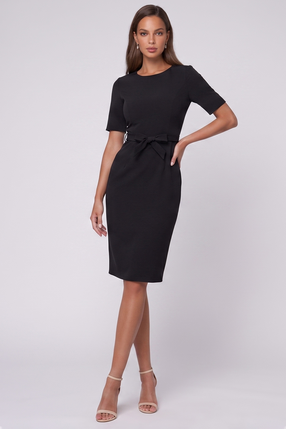 Bodycon Black Round Neck Midi Work Dress with Sash
