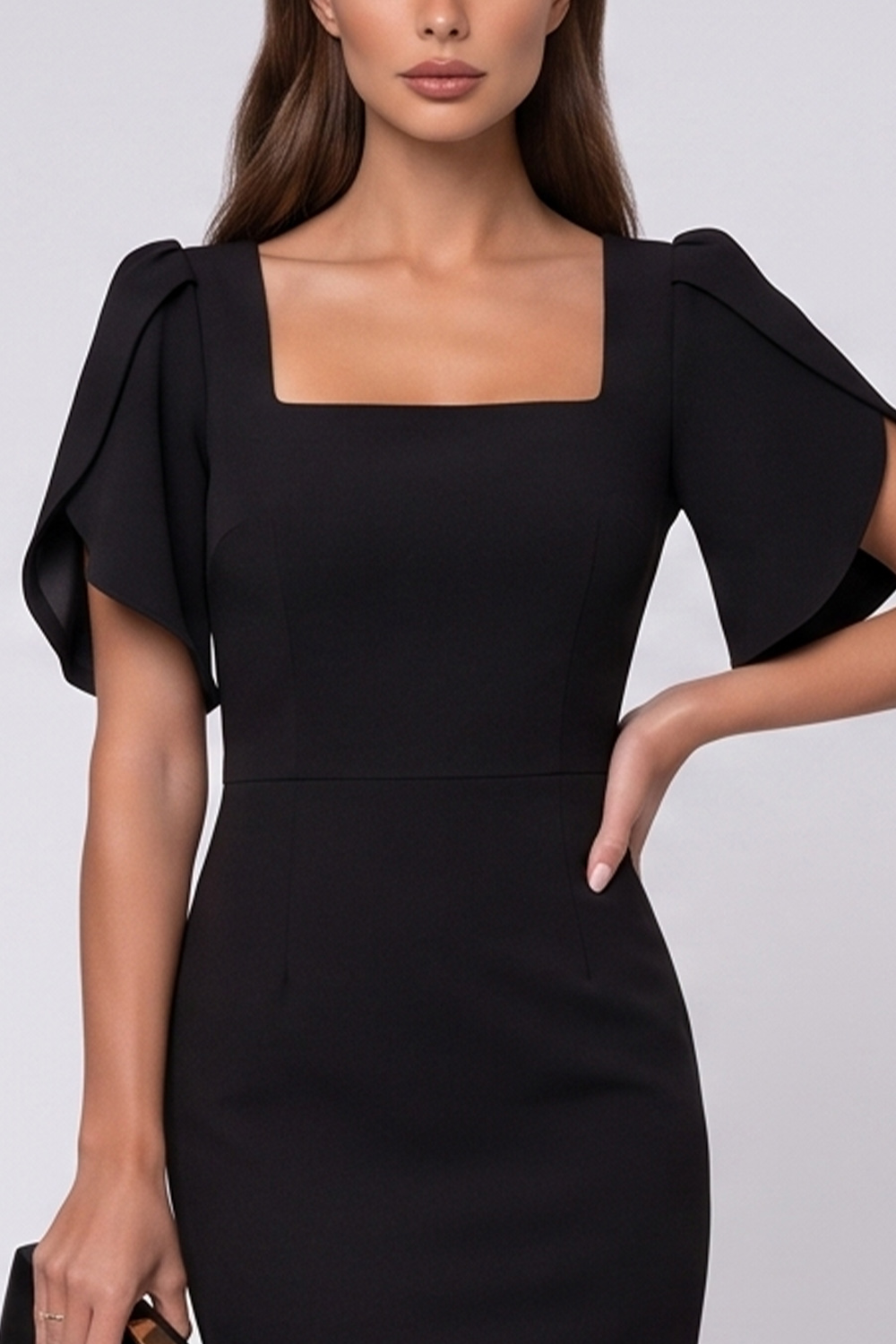 Tight Black Square Neck Flutter Sleeves Midi Work Dress with Slit