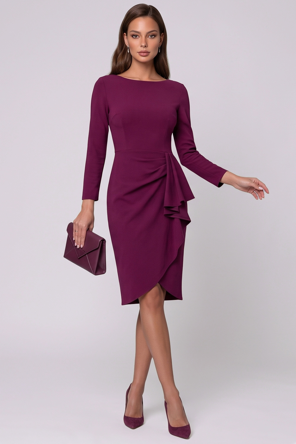 Ruched Plum Ruffled Tight Boat Neck Midi Work Dress with Sash