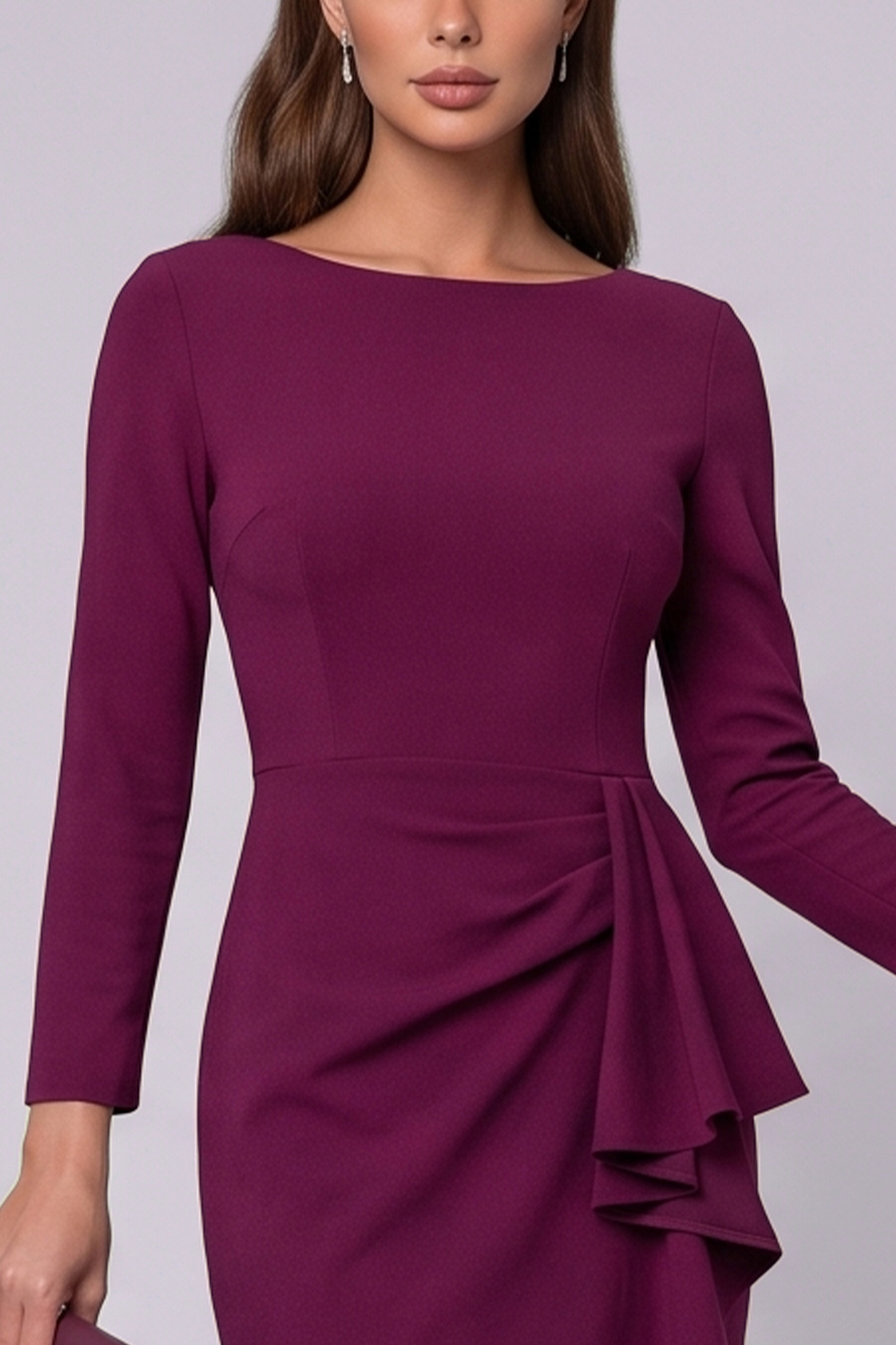 Ruched Plum Ruffled Tight Boat Neck Midi Work Dress with Sash