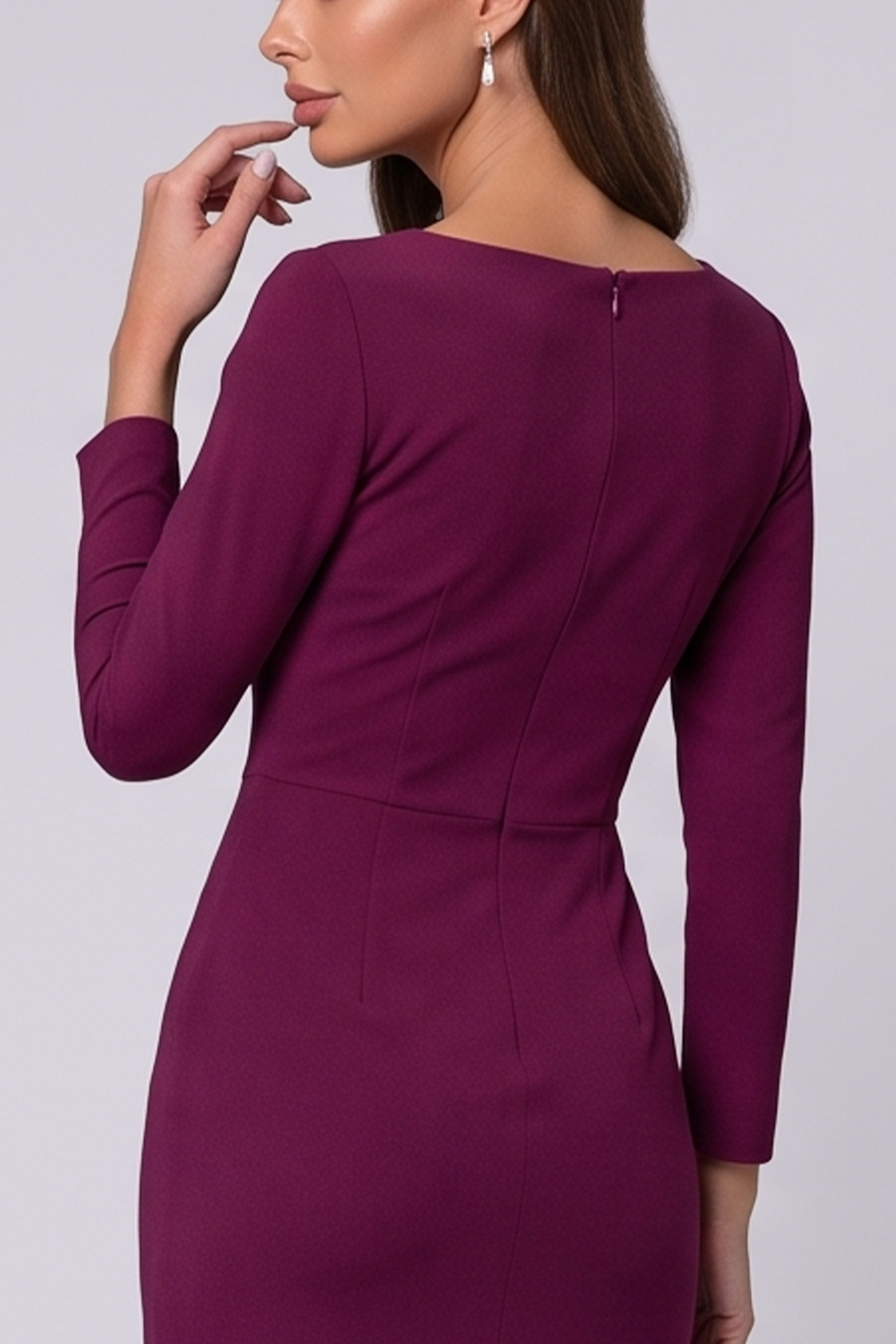 Ruched Plum Ruffled Tight Boat Neck Midi Work Dress with Sash