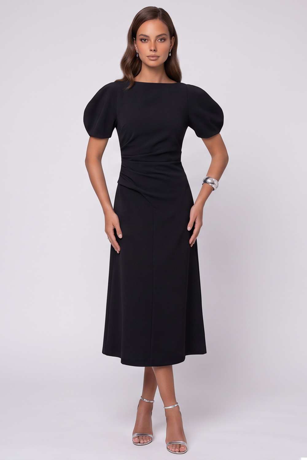 A Line Royal Blue Ruched Puff Sleeves Midi Work Dress