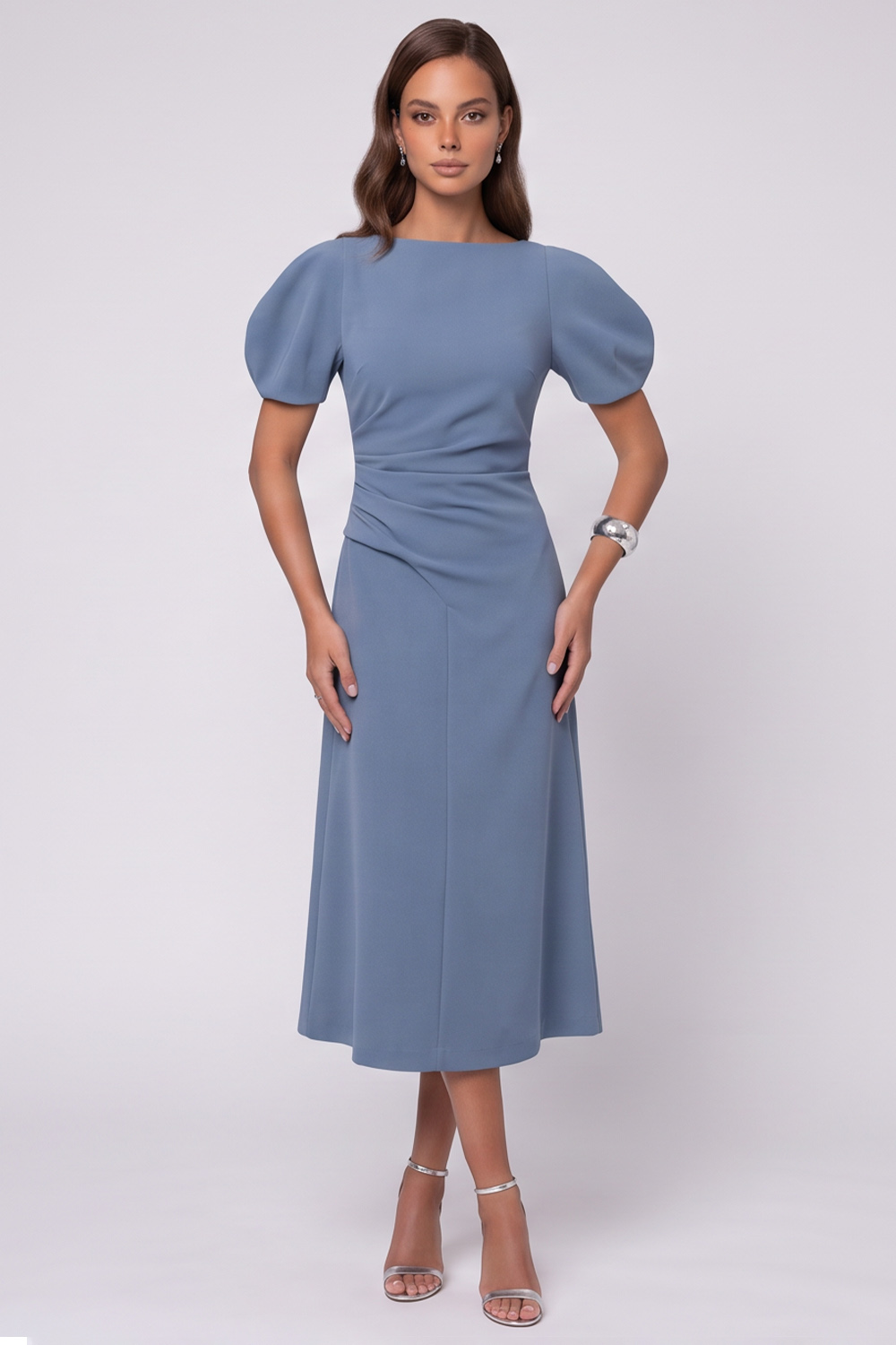 A Line Royal Blue Ruched Puff Sleeves Midi Work Dress