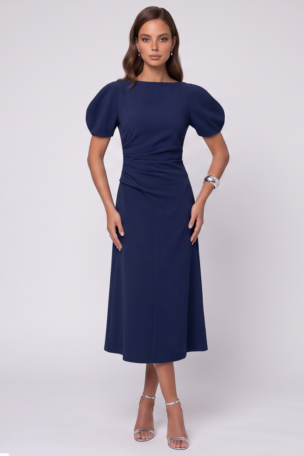 A Line Royal Blue Ruched Puff Sleeves Midi Work Dress