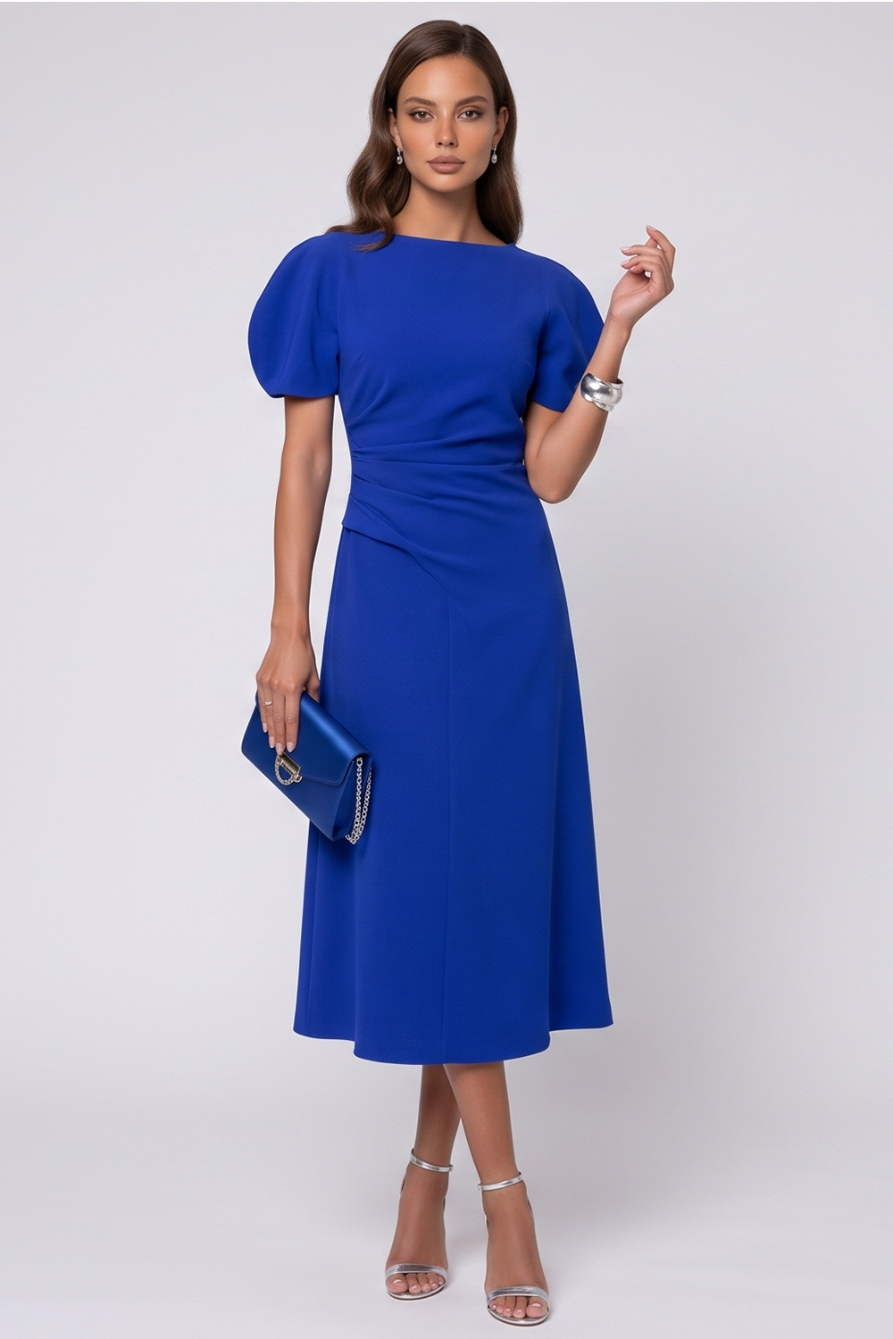 A Line Royal Blue Ruched Puff Sleeves Midi Work Dress