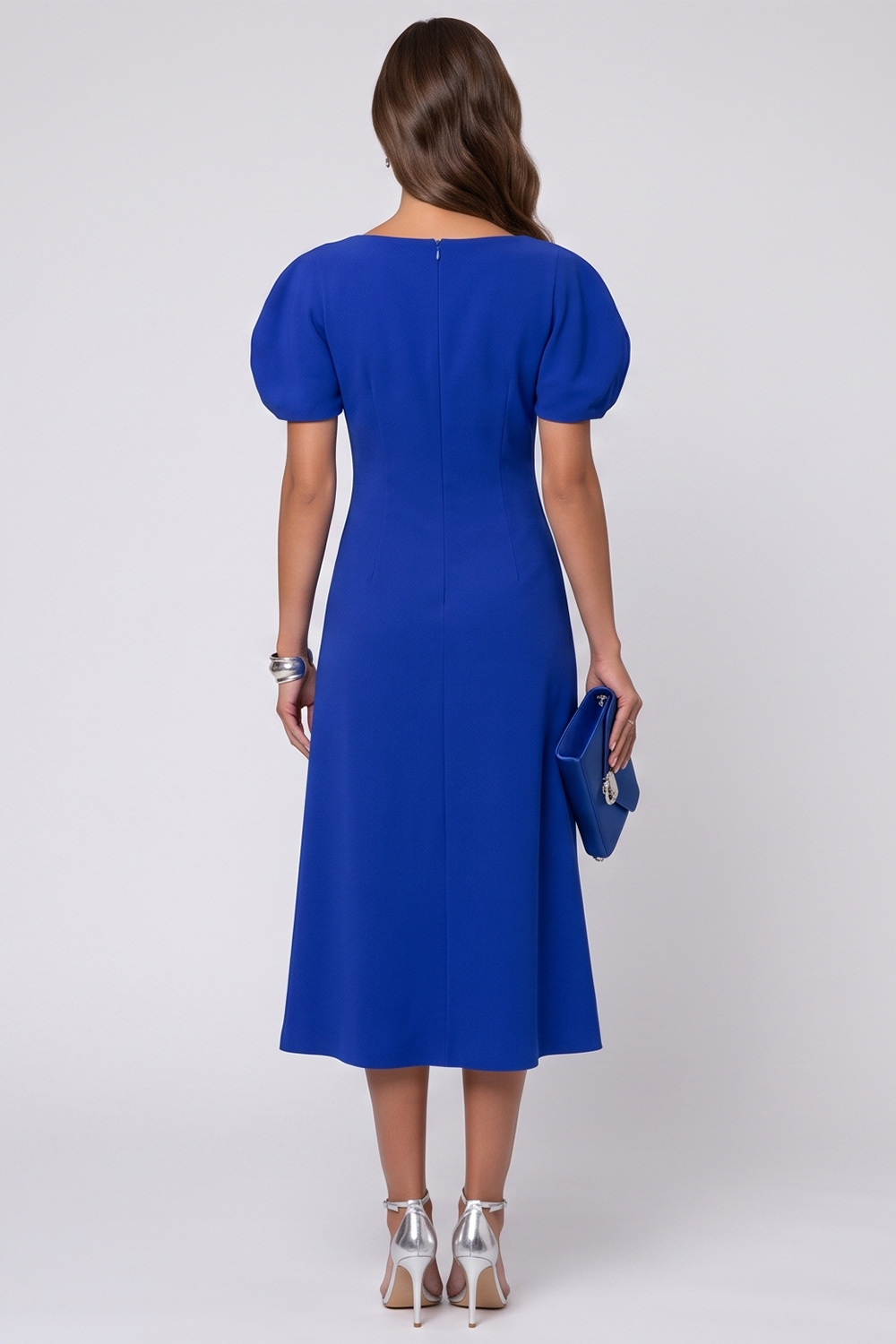 A Line Royal Blue Ruched Puff Sleeves Midi Work Dress