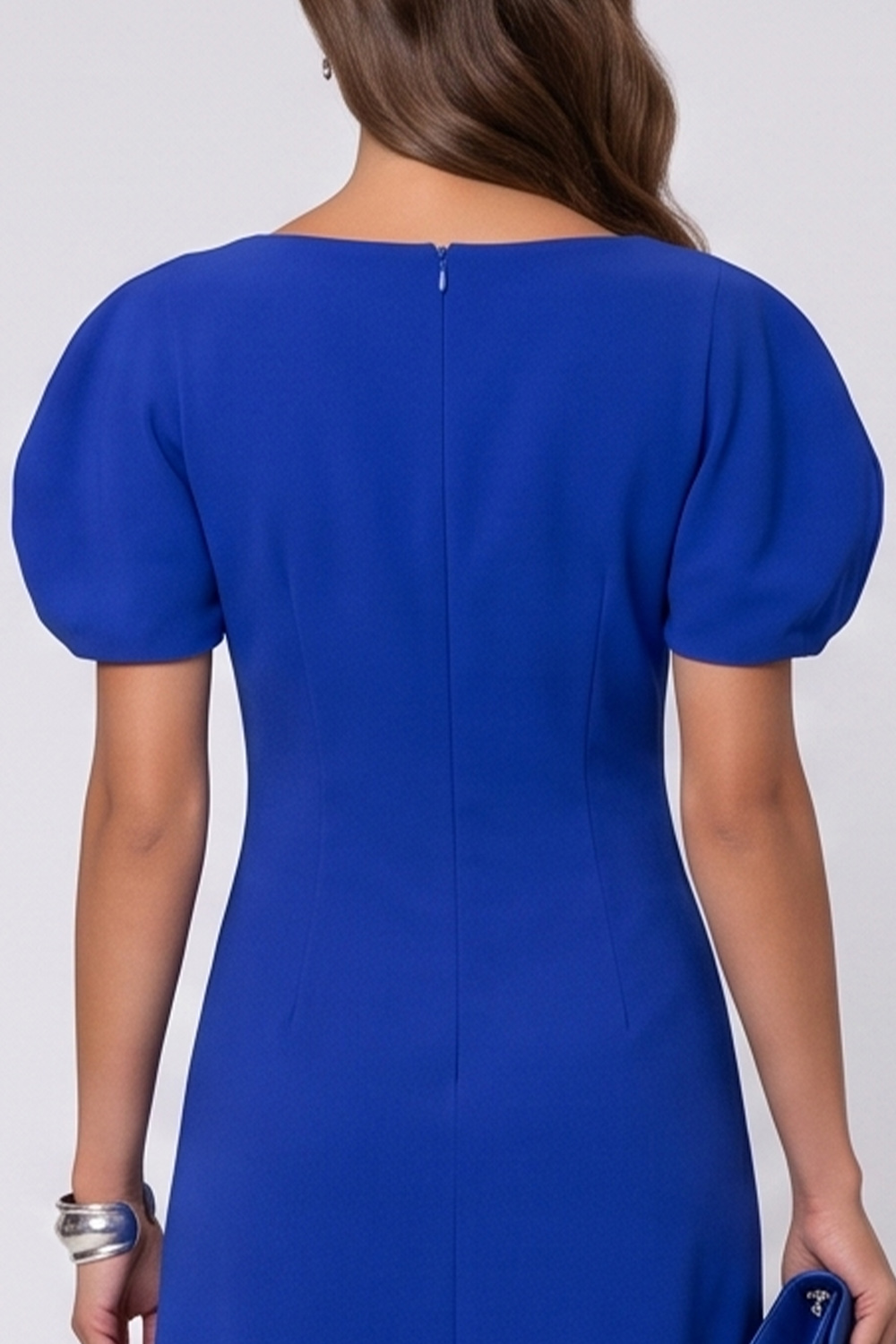 A Line Royal Blue Ruched Puff Sleeves Midi Work Dress