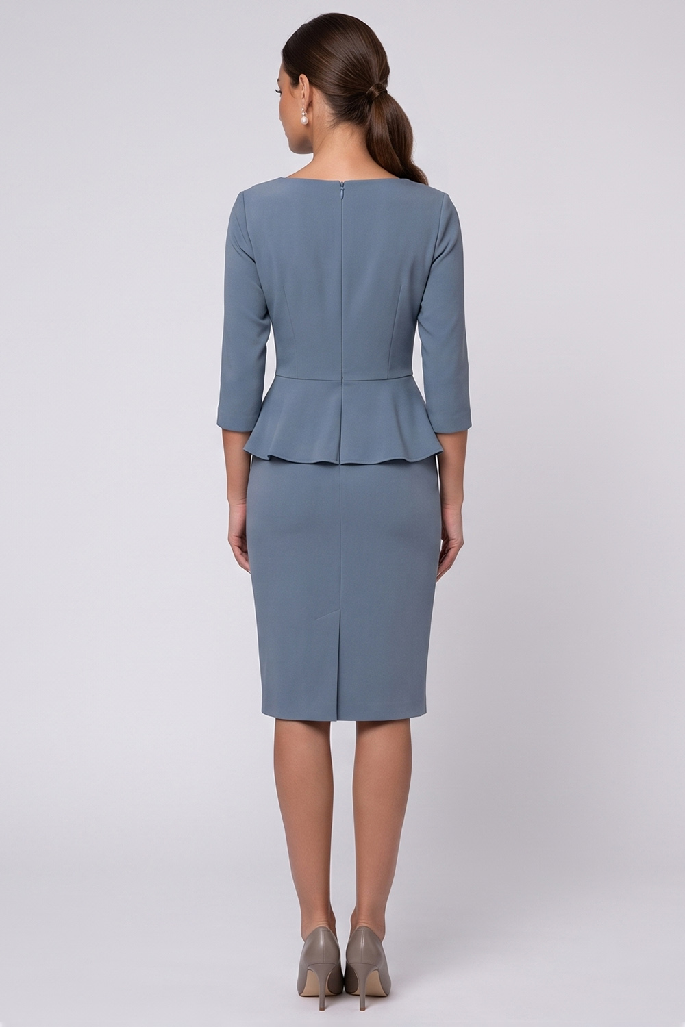 Dusty Blue Ruffled Bodycon Round Neck 3/4 Sleeves Midi Work Dress with Slit
