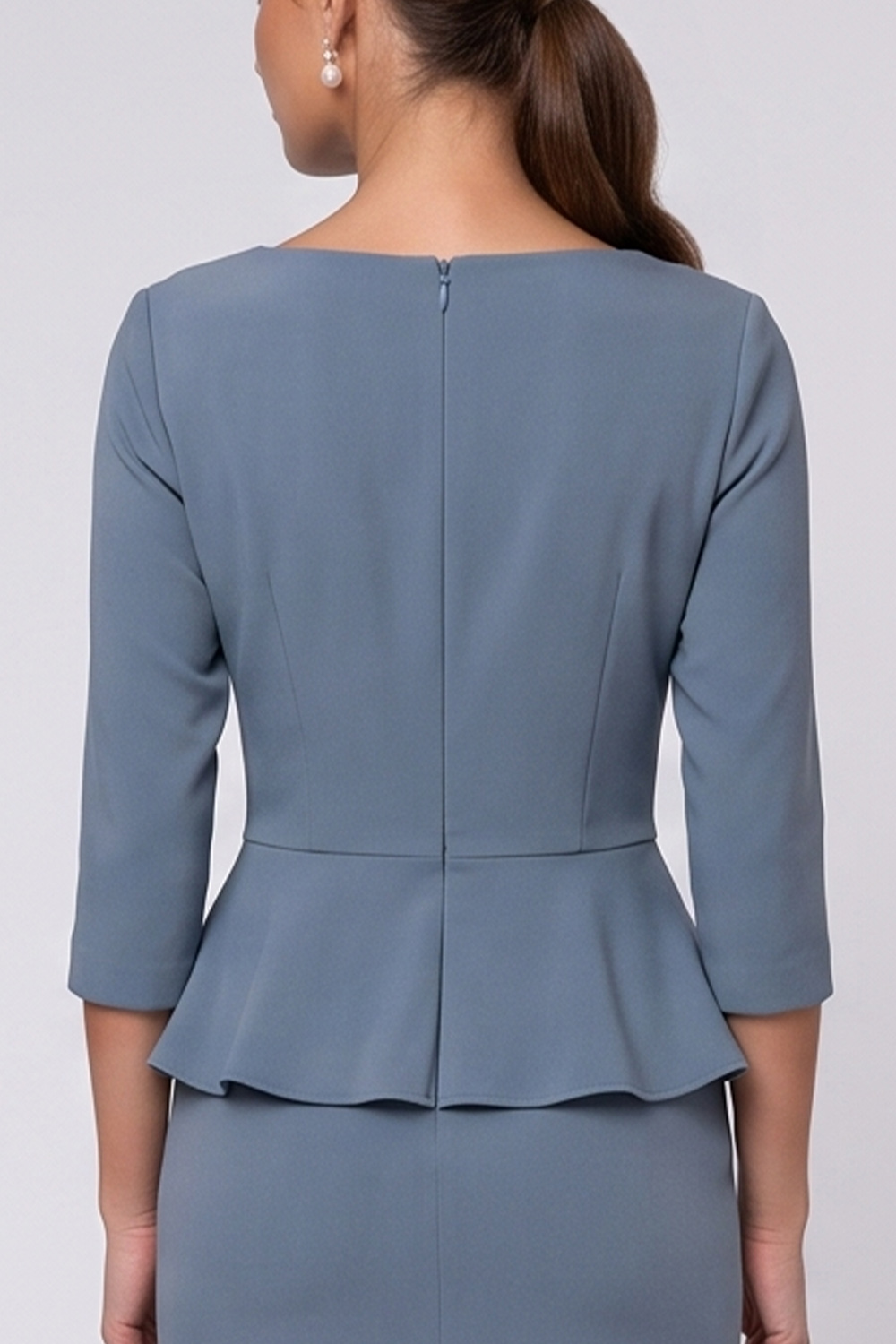 Dusty Blue Ruffled Bodycon Round Neck 3/4 Sleeves Midi Work Dress with Slit