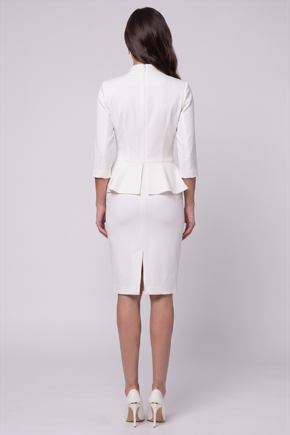 Bodycon White Ruched Ruffled V-Neck 3/4 Sleeves Midi Work Dress with Slit