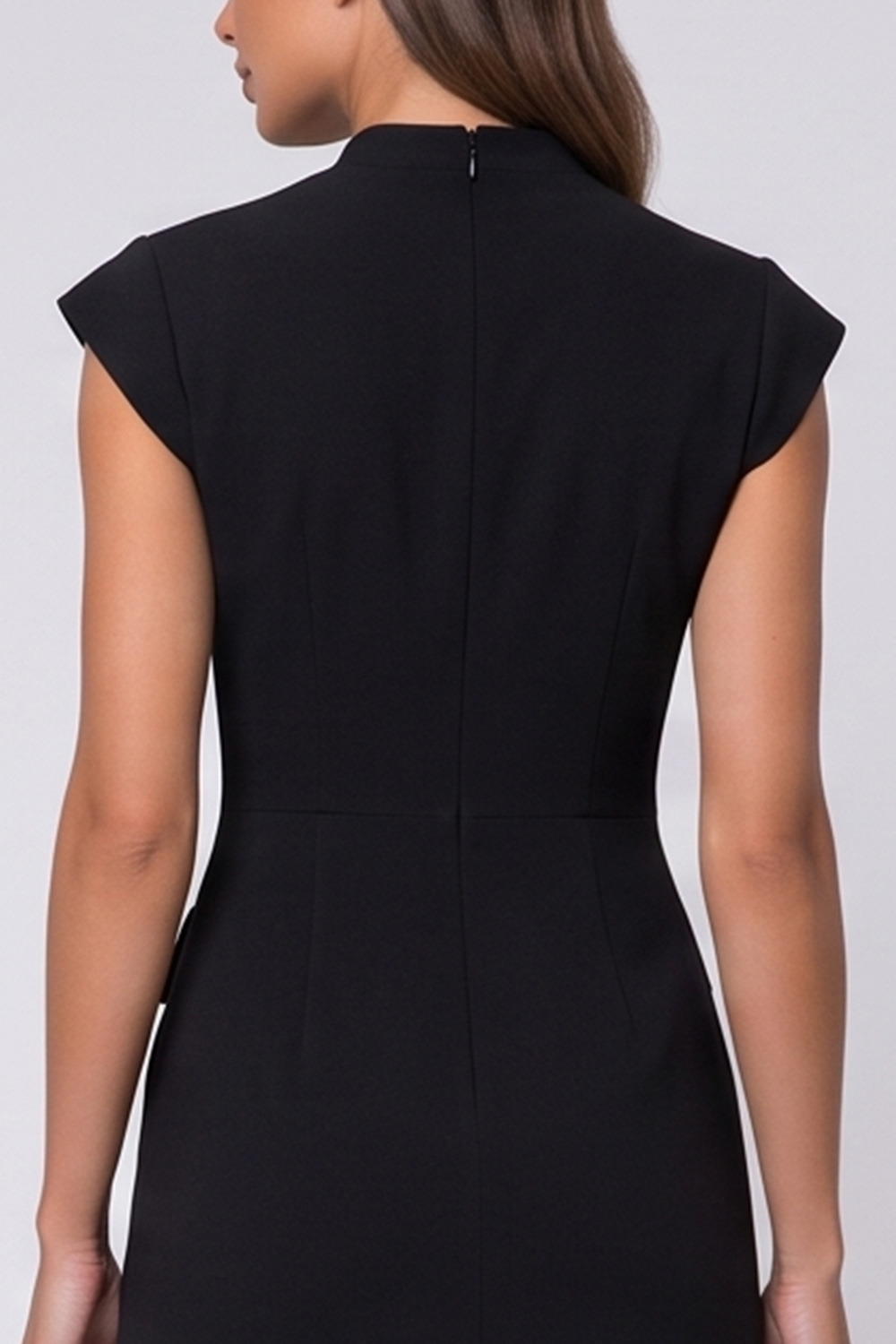 Black Tight V-neck Single Breasted Cap Sleeves Midi Work Dress