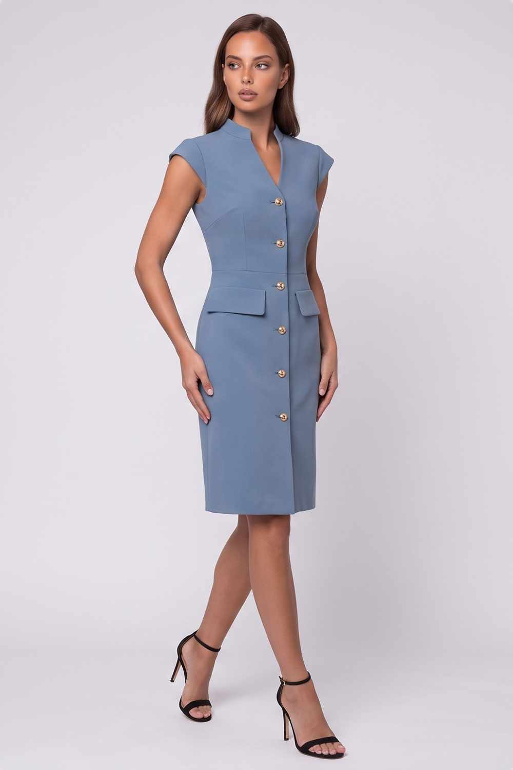 Black Tight V-neck Single Breasted Cap Sleeves Midi Work Dress