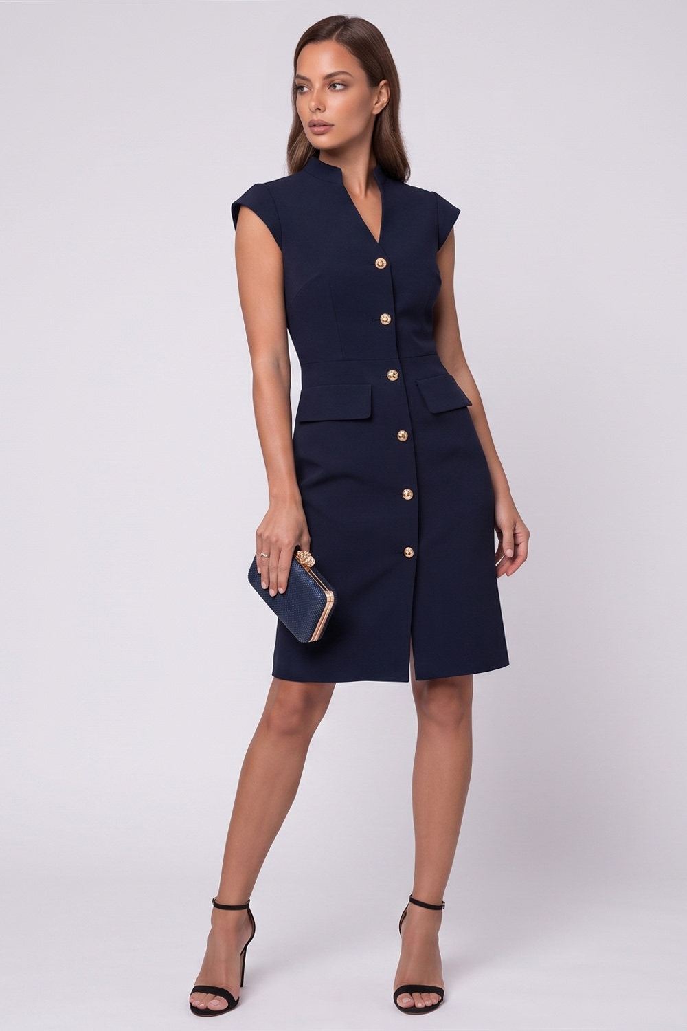 Black Tight V-neck Single Breasted Cap Sleeves Midi Work Dress
