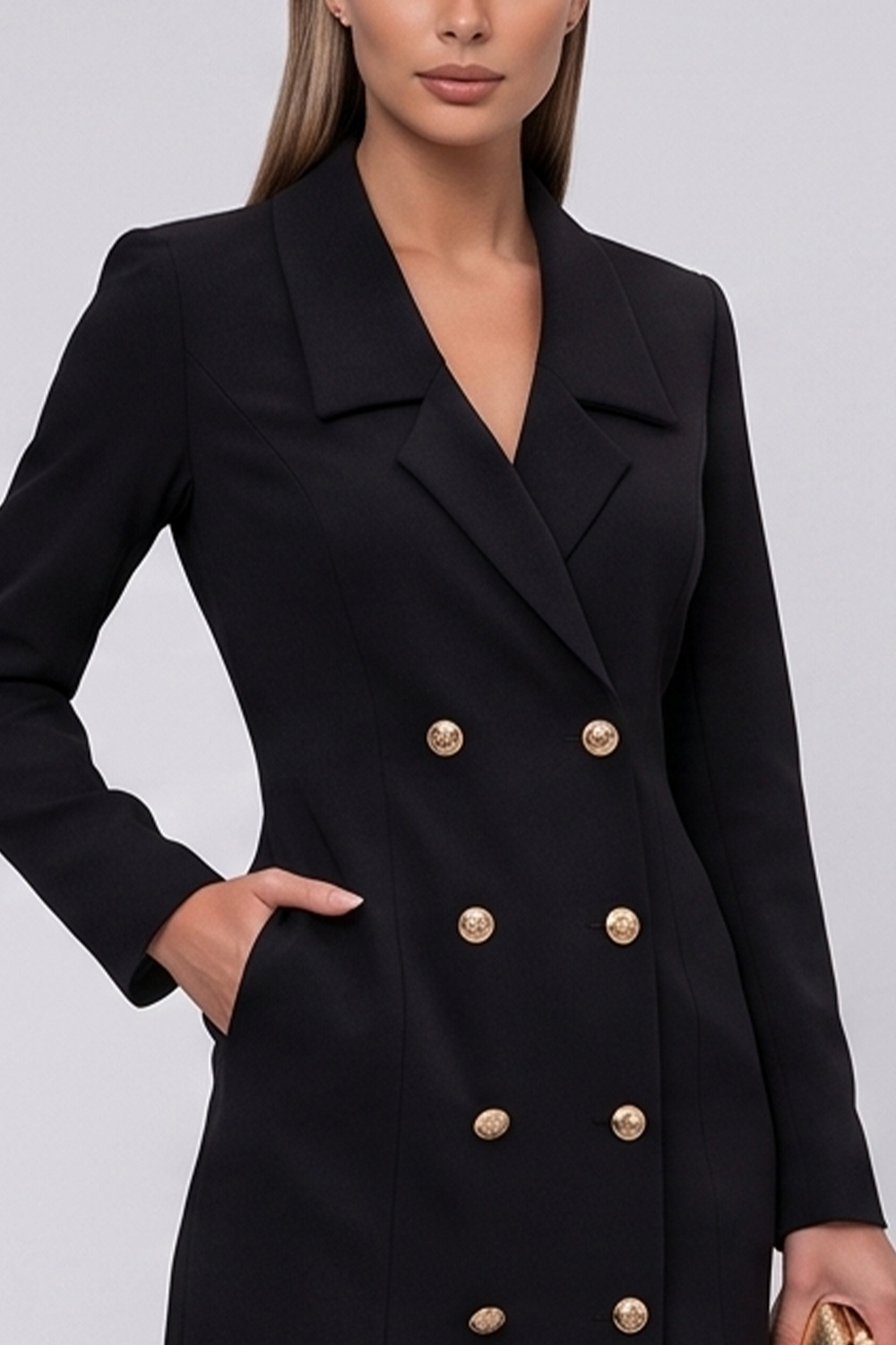 Black Ruffled Tiered Tight Notched Lapel Double Breasted Midi Work Dress with Pockets