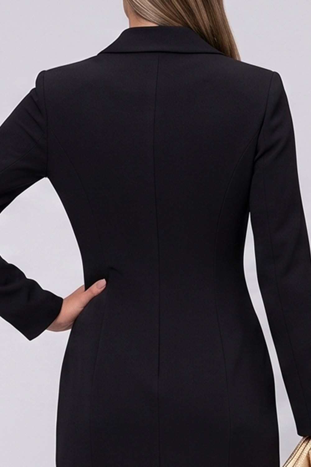 Black Ruffled Tiered Tight Notched Lapel Double Breasted Midi Work Dress with Pockets