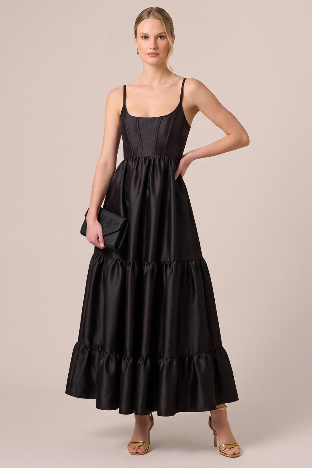 Black Corset Spaghetti Straps Ruffled Long Wedding Guest Dress